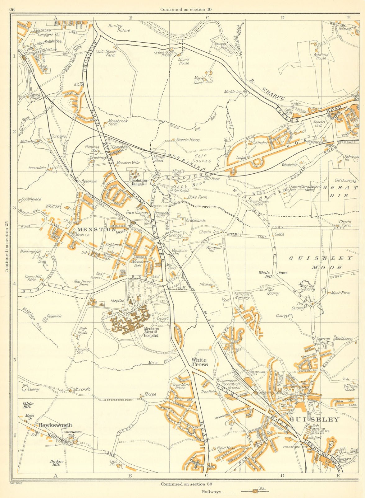 GUISELEY Otley Guiseley Moor Hawksworth Menston Whale Hill White Cross 1935 map